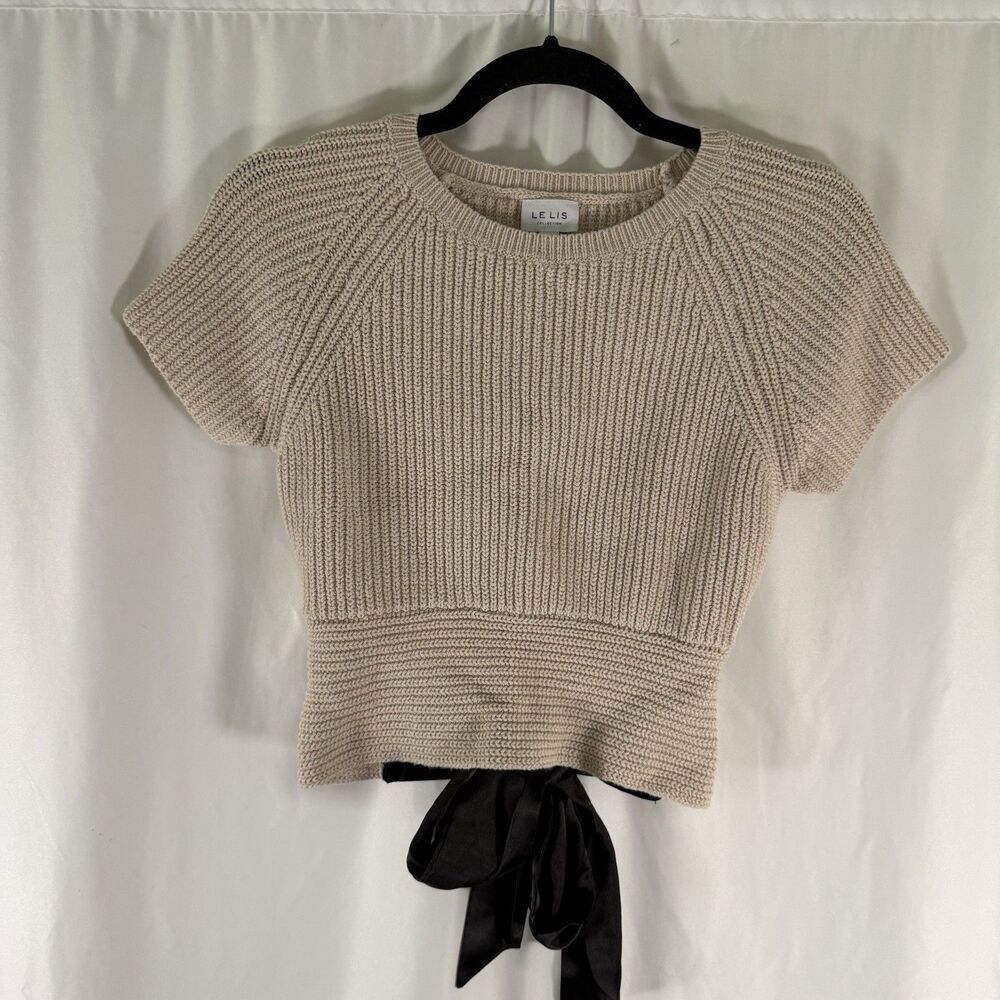 Le Lis Knit Blouse Women's Large Beige Short Sleeve Cropped Satin Tie Back Pullo